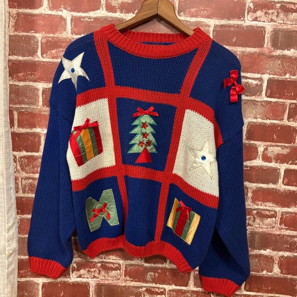 One Step Ahead Festive Blue and Red Sweater - Picture 2 of 6